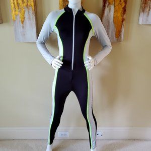 INC Bodycon Sexy Long Sleeve Neon Green Striped Color Block Zipper Jumpsuit SZ L